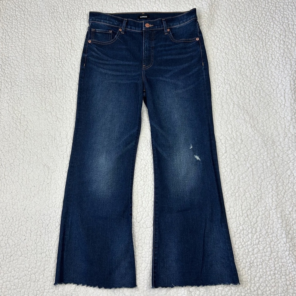 Express Jeans Women's 6 Short Dark Blue 70s Flare Mid Rise Frayed Hem Denim